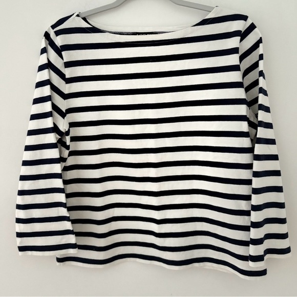 J Crew women boatneck white shirt black navy stripe size M Cotton 3/4 sleeve - Picture 2 of 8
